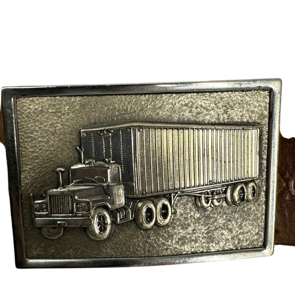 Vintage Brown Star Embossed Leather Belt with Semi Truck Metal Buckle - Picture 3 of 7